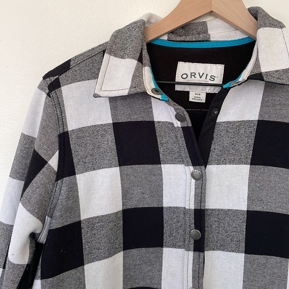 Orvis | Ladies Black White Checker Fleece Lined Button Front Shacket Size Medium - Picture 3 of 14